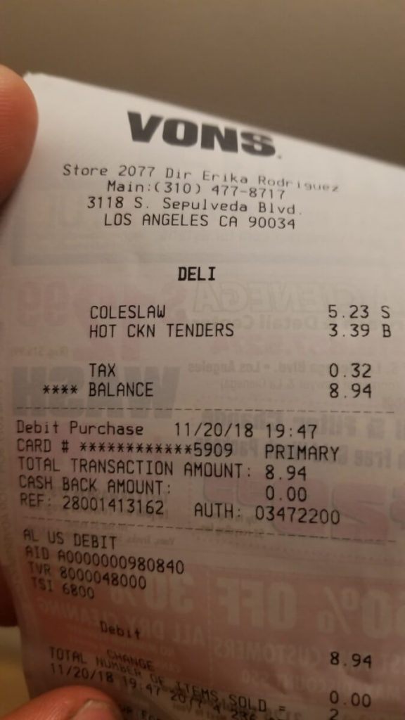 Vons purchase receipt