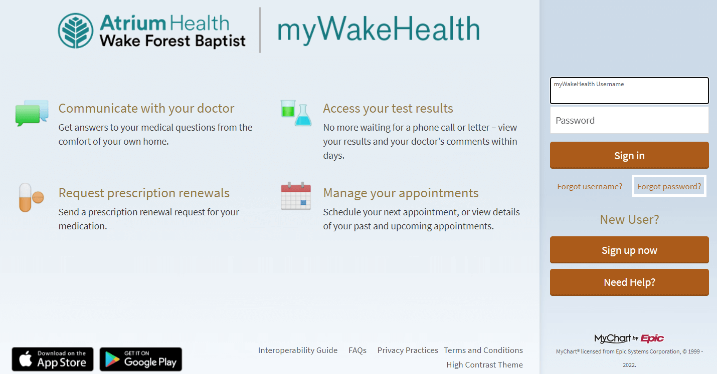 click on forgot password in mywakehealth login page