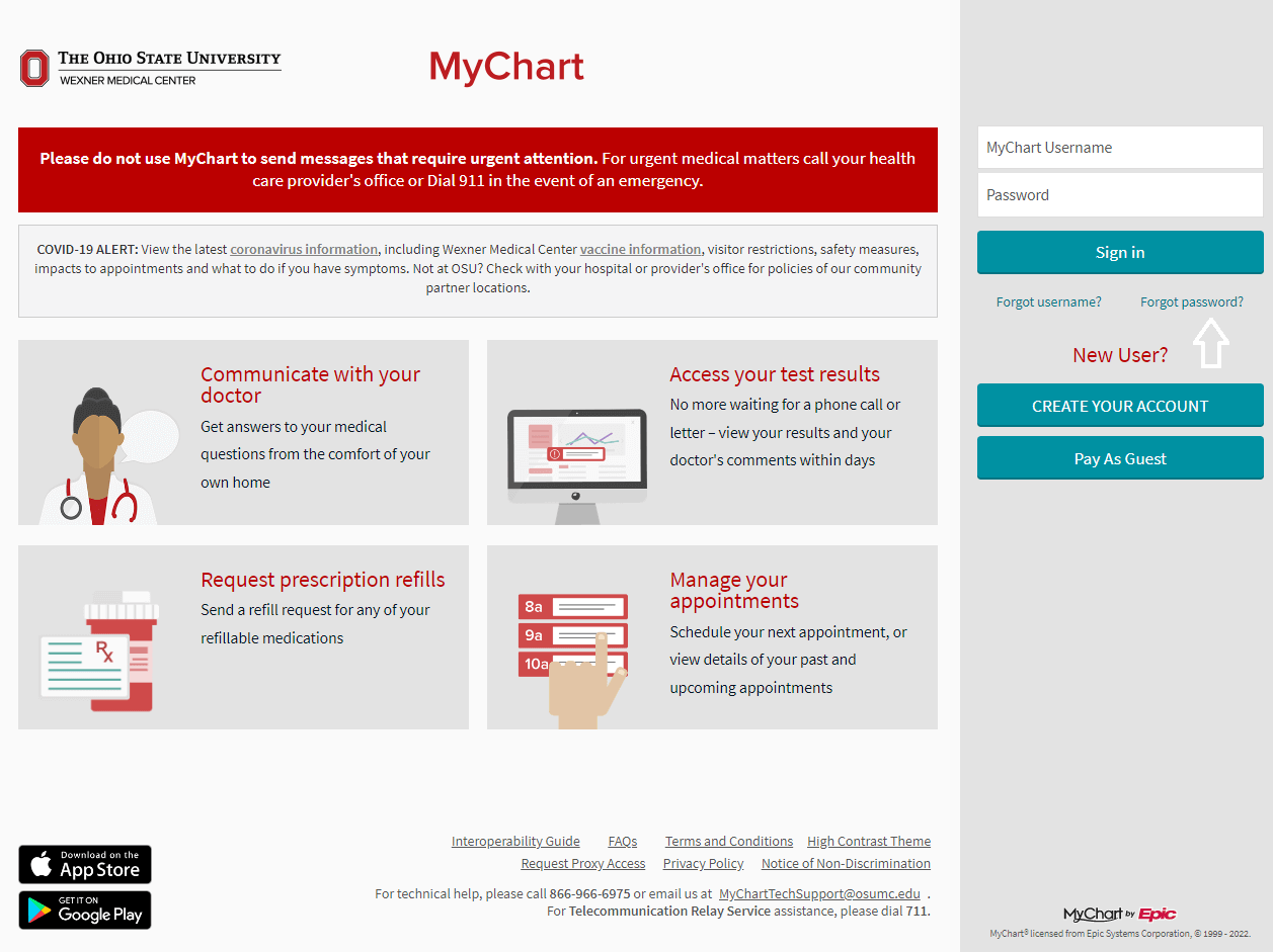 click on forgot password in osu mychart patient portal