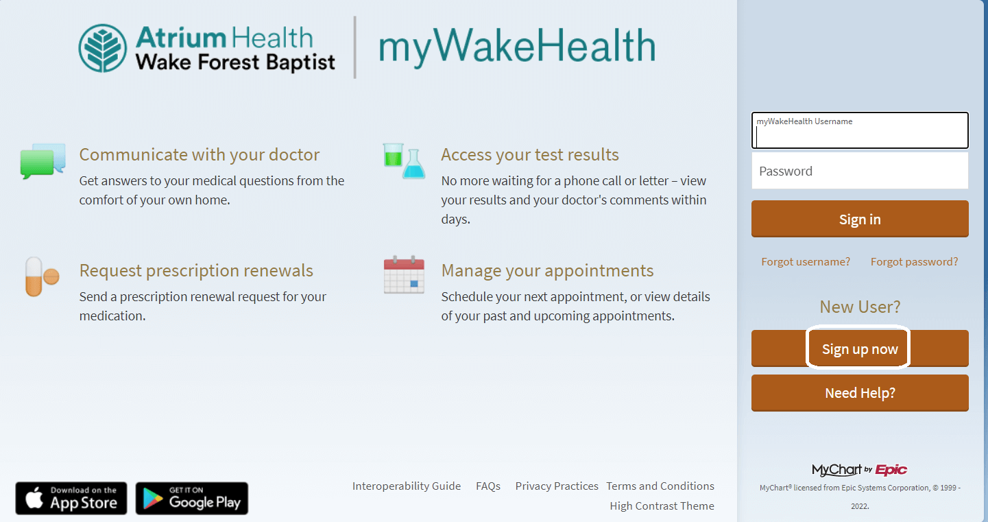 click on sign up in mywakehealth patient portal