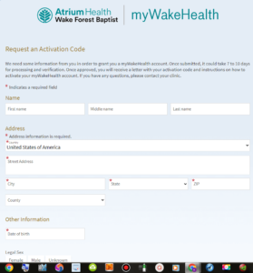 sign up an account in mywakehealth patient portal