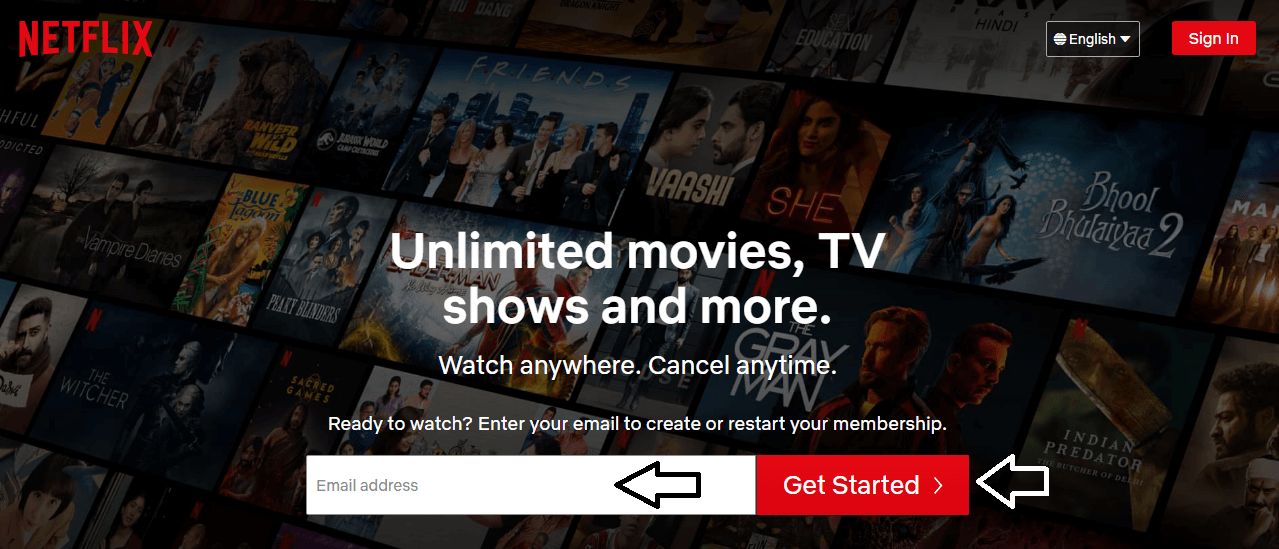 enter email and click on get started to sign up for netflix account