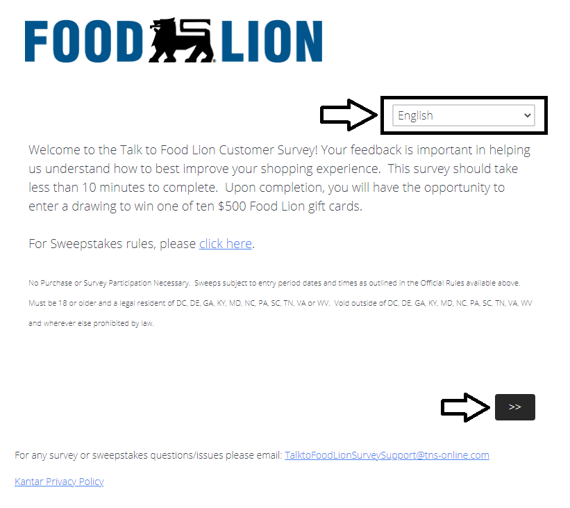select language and click on next in food lion survey page